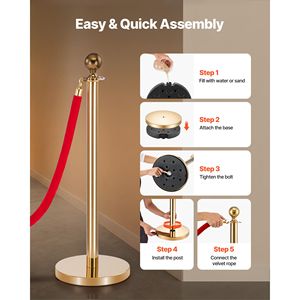 Juego de 6 Postes Separadores para Hotel, Barrera de Control de Multitudes con Alfombra Roja y 4 Cuerdas de Terciopelo Rojo, Acero Inoxidable Dorado - Product Image 5