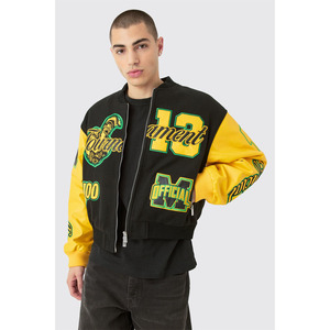 Chaqueta Varsity Negra y Amarilla para Hombre, con Cierre, Cuello Alto, Estampado de Letras y Parches, Estilo Béisbol - Product Image 1