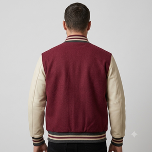 <b>Men's</b> Maroon Varsity <b>Jacket</b> With Cream <b>Leather</b> Sleeves Stand Collar Button Closure Autumn Casual Outerwear Regular Fit - Product Image 3