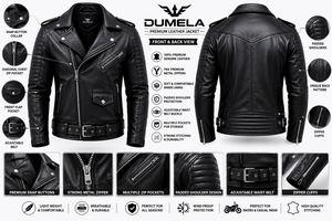 Dumela Men's Black Genuine Leather Streetwear Motorcycle Jacket Slim Fit Stand Collar Zipper Closure Belted Design Plain Dyed - Product Image 6