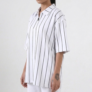 Camisa Oversize de Mujer, Sólida, Transpirable, Estilo Vintage, Manga Corta, Casual, Poliéster/Algodón, Hombros Caídos, para Verano - Product Image 3