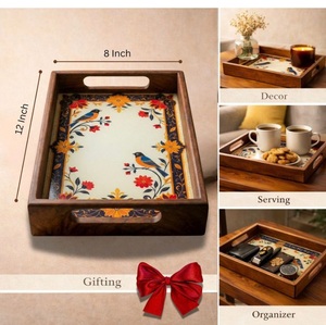 Bandeja Decorativa de Madera con Base de Arte Esmaltado, Bandeja Rústica para Servir con Asas - Product Image 3
