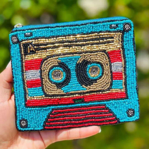 Monedero con cuentas, diseño de casete, bolsa con cremallera, cartera retro musical, bolsa para dinero con cuentas de semillas, tarjetero azul para efectivo - Product Image 4