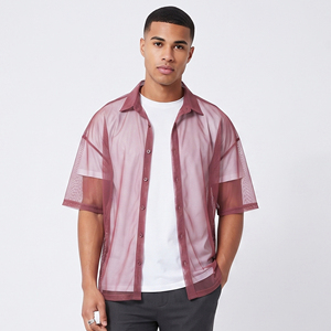 Chemise transparente en maille boutonnée pour homme, manches courtes, décontractée, coupe ample, en polyester, pour l'été - Product Image 1