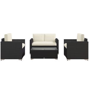 Set Divano 4 Pezzi in Rattan Crema con Poltrone, Tavolino da Caffè con Piano in Vetro, Mobili da Esterno in Vimini per Giardino, Ospedali, Palestre - Product Image 1