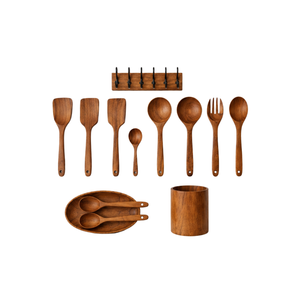 Juego de utensilios de cocina de madera de teca premium ARTERRA, espátula y cuchara de mango largo con soporte de almacenamiento, vajilla para hoteles y restaurantes - Product Image 1