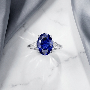 Women's Classic Oval Cut Lab Created Diamond Engagement <b>Ring</b> PT950 Platinum IGI Certified <b>Blue</b> Sapphire Center Stone - Product Image 4