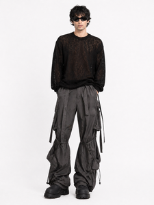 Pantalones Cargo Tácticos Negros para Hombre, Pantalones Utilitarios con Múltiples Correas, Detalle de Cordón Ajustable, Estilo Urbano, Corte Relajado - Product Image 2