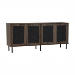 Modern Minimalist Walnut <b>Kitchen</b> <b>Sideboard</b> Buffet Cabinet with Black Metal Legs with Rattan Decorated Doors <b>for</b> Dining Storage - Product Image 1