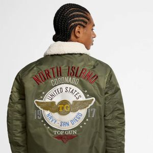 Men's Olive Green Breathable Bomber Jacket with <b>Sherpa</b> Lining Zipper Closure Casual Streetwear Winter Wear - Product Image 6