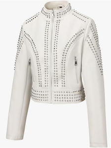 Women's Genuine Leather Moto <b>Biker</b> <b>Jacket</b> Studded Rivet Stand Collar Short Coat Casual Motorcycle Finished Cafe Racer Waterproof - Product Image 2