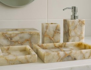 Natural Onyx <b>Bathroom</b> <b>Accessories</b> <b>Set</b> | Beige Resin Vanity Decor <b>Bathroom</b> <b>Accessories</b> <b>Set</b> Rectangle Luxury Four-Piece - Product Image 1