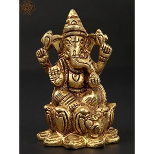 Statue de Ganesha en laiton de 3 pouces faite à la main assise sur une sculpture artistique de lotus d'Inde - Product Image 1