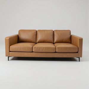 Canapé 3 places en cuir de vache véritable, style Mid-Century Modern, luxe, cuir marron, structure en bois, pour salon. - Product Image 2