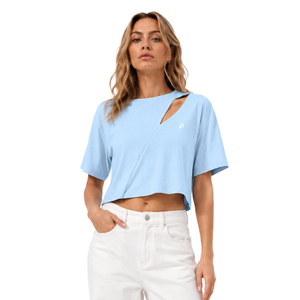 Asymmetric Cut Out Shoulder Blue Crop Top Loose Fit Summer Blouse Women's Shirts Casual Cotton Spandex Short Sleeve Crewneck Tee - Product Image 1