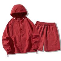 Ensemble de survêtement unisexe coupe-vent à capuche avec cordon de serrage, logo personnalisé, 2 pièces, veste à manches longues et short en nylon, pour l'entraînement