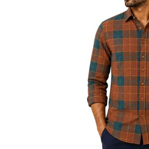 Chemise à carreaux marron rouille et turquoise à manches longues pour homme, personnalisable avec logo, boutonnée, en coton, décontractée, vente en gros, fabricant de vêtements - Product Image 3