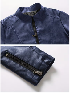 Men's Blue Cow Skin <b>Leather</b> Bomber <b>Jacket</b> Stand Collar Zipper Closure Slim Fit Regular Sleeve Solid Color <b>Winter</b> Wear Breathable - Product Image 6