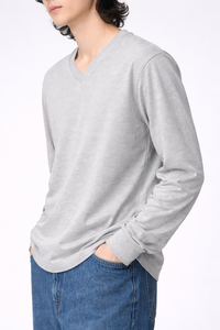 T-shirt à manches longues pour homme, col en V, 100% coton, uni, décontracté, coupe ample, tricoté, respirant, 180g, imprimé en sérigraphie, OEM - Product Image 3