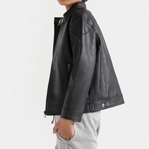 Men Minimal Black <b>Racer</b> Leather <b>Jacket</b> Stand Collar Double Snap Zip Pockets Motorcycle Street Fashion Private Label <b>Jackets</b> - Product Image 2