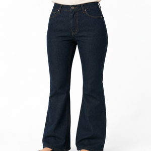 Jean en denim délavé foncé taille haute évasé pour femme, style décontracté, en coton, longueur intégrale, idéal pour l'automne, vente en gros - Product Image 6