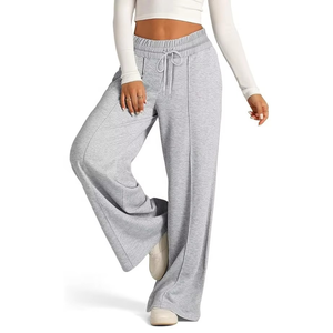 Pantalon évasé gris à taille élastique personnalisée pour femme, coupe large, en jersey doux, décontracté, pour le yoga, le sport ou le quotidien - Product Image 5