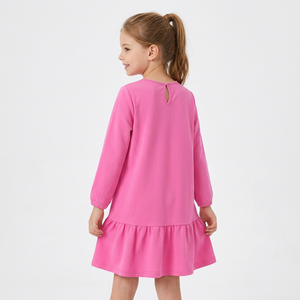 Vestido rosa de punto de manga larga hasta la rodilla con corte en A, dobladillo con volantes, cuello redondo, estilo casual para niñas, 100% algodón, Bangladesh - Product Image 6