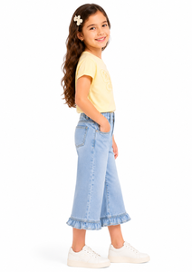 Pantalones Vaqueros Culotte de Pierna Ancha para Niñas, Lavado Claro, con Dobladillo con Volantes, Prenda Inferior Informal y Elegante, Tejido de Mezcla de Algodón Premium, Cómodo - Product Image 2