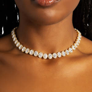 Oval Cut Moissanite Tennis Necklace 925 Sterling <b>Silver</b> VVS Halo <b>Choker</b> Necklace for Women - Product Image 1