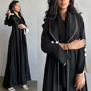 Abaya Femmes Gewaad Musulmane V-Hals Lange Mouw Effen Kleur Geplooide Revers Kraag Jurk Nieuwste Boerka Ontwerp Open Abaya