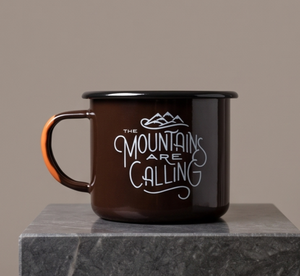 Special Outdoor Quote <b>Iron</b> Enamelware Cup Mountains Calling Hiking Theme Brown Coffee Drinkware Trade Supply Distribution Hub - Product Image 1