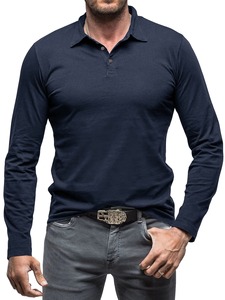 เสื้อโปโลแขนยาวผู้ชายใส่สบายสำหรับฤดูใบไม้ร่วง ผ้าเนื้อนุ่ม สีพื้นเรียบง่าย สั่งทำได้ ทรงปกติ สีน้ำเงินเข้ม - Product Image 1
