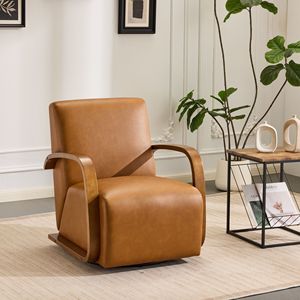 Fauteuil pivotant en similicuir de luxe avec accoudoirs en bois massif, confort ergonomique pour salon ou bar - Product Image 5