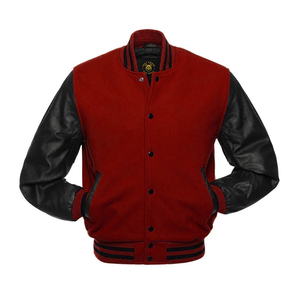 <b>Red</b> body Black sleeve varsity bomber jacket Letterman Jacket with Leather Sleeves letterman custom leather varsity jacket - Product Image 1