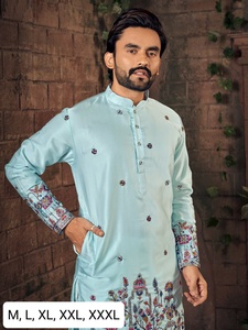 Men's Light Blue Embroidered Kurta Set with White <b>Pants</b> Traditional Indian Pakistani Wedding Wear Regular Fit Knee-Length - Product Image 4