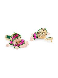 Conjunto de collar y aretes étnicos chapados en oro con diseño de borlas de perlas de imitación y circonita verde para mujeres, joyería de boda. - Product Image 6