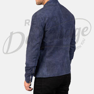 Chaqueta de cuero de ante azul marino para hombre, corte ajustado, piel de oveja auténtica, abrigo informal de moto para otoño e invierno, con cuello de banda y cremallera. - Product Image 2