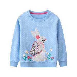 Sweat-shirt bleu ciel à pois avec lapin et fleurs brodés, col rond, manches longues, vêtement décontracté de printemps pour enfants - Product Image 1