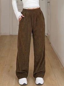 Women's Brown Corduroy Wide Leg Pants Casual <b>Elastic</b> <b>Waist</b> <b>Trousers</b> <b>with</b> Pockets - Product Image 4