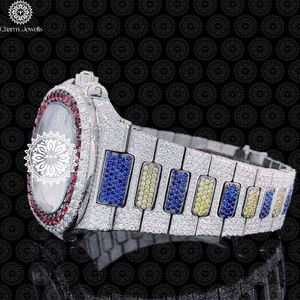 Charm Jewells Luxury Stainless Steel Watch 40mm Case <b>Red</b> Gemstone Bezel Analog Mechanical Movement Men's Fashion Glass Hip Hop - Product Image 2