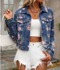 Women's Formal Floral Print Denim Jacket <b>Rhinestone</b> Decoration Breathable Fabric Distressed Wash Button Front <b>Crop</b> <b>Top</b> Style - Product Image 5