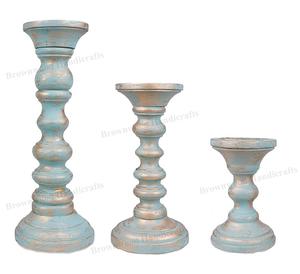 Portavelas de madera de mango decorativo para el hogar de diseño único de Color blanco quemado hecho a mano de primera calidad, juego de tres suministros al por mayor - Product Image 6