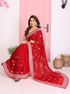 Ropa Étnica, Sari de Seda con Bordado Intenso, Diseño de Borde Elegante, Hermosas Combinaciones de Colores para Fiestas Tradicionales - Product Image 4