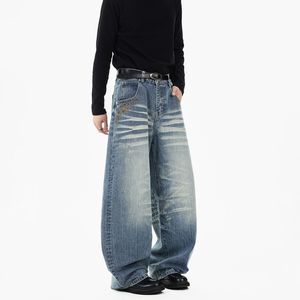 Jeans de mezclilla para hombre, de corte recto, lavado a la piedra, tiro medio, ajuste holgado, transpirables, lisos, con bordado ODM y patchwork, estilo streetwear, de algodón - Product Image 2