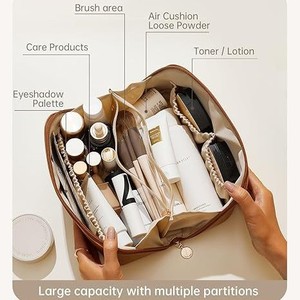 กระเป๋าเครื่องสำอางเดินทางขนาดใหญ่ ผลิตจากหนัง PU ทนทาน เป็นมิตรกับสิ่งแวดล้อม ปิดด้วยซิป หูหิ้วนุ่ม กันน้ำ พกพาสะดวก - Product Image 4