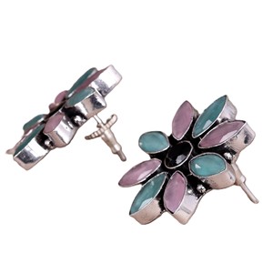 Pink Zircon Marquise Cut Brass Floral <b>Stud</b> Earrings | Antique <b>Silver</b> Plated Boho Tribal Jewelry Gift for Women Anniversary - Product Image 5