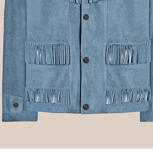 Men's Blue <b>Suede</b> <b>Leather</b> <b>Jacket</b> With Fringe Tassel Western Style Casual Outerwear Turn-down Collar Regular Fit Winter Wear - Product Image 2