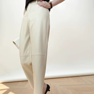 Pantalon en cuir véritable blanc pour femme, pantalon large taille haute en peau de mouton, polyvalent, décontracté, coupe droite, tendance, végétalien - Product Image 6