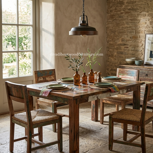 Mesa de comedor DIVADI estilo Java, patchwork, desmontable, de madera recuperada de embarcaciones, diseño sostenible, ecológico, para interiores y exteriores. - Product Image 6