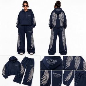 Conjunto Deportivo Vocksin para Mujer, Sudadera con Capucha Azul Marino con Diseño de Alas de Ángel, Corte Regular, 100% Algodón, Pantalones Anchos, Estilo Urbano Vintage - Product Image 3